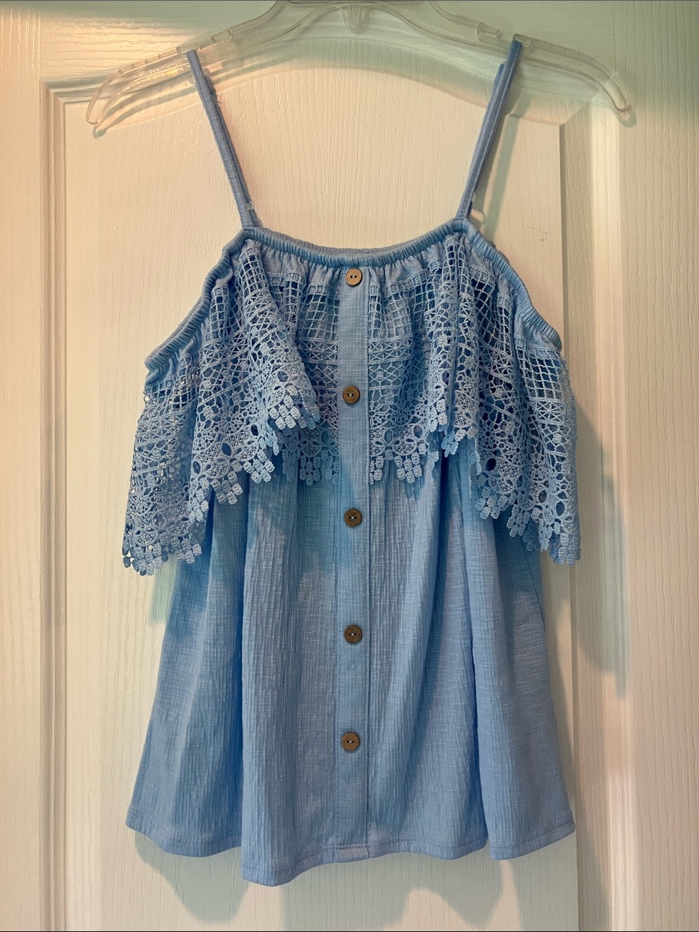 No Boundaries Light Blue Crochet-Trim Button Tank
